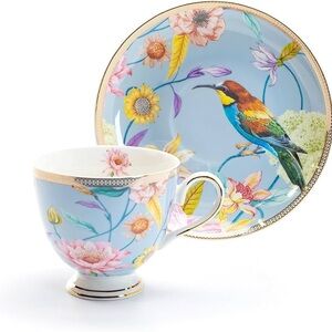 Grace Teaware Spring Flowers Hummingbird Fine Porcelain Tea Cup and Saucer Blue
